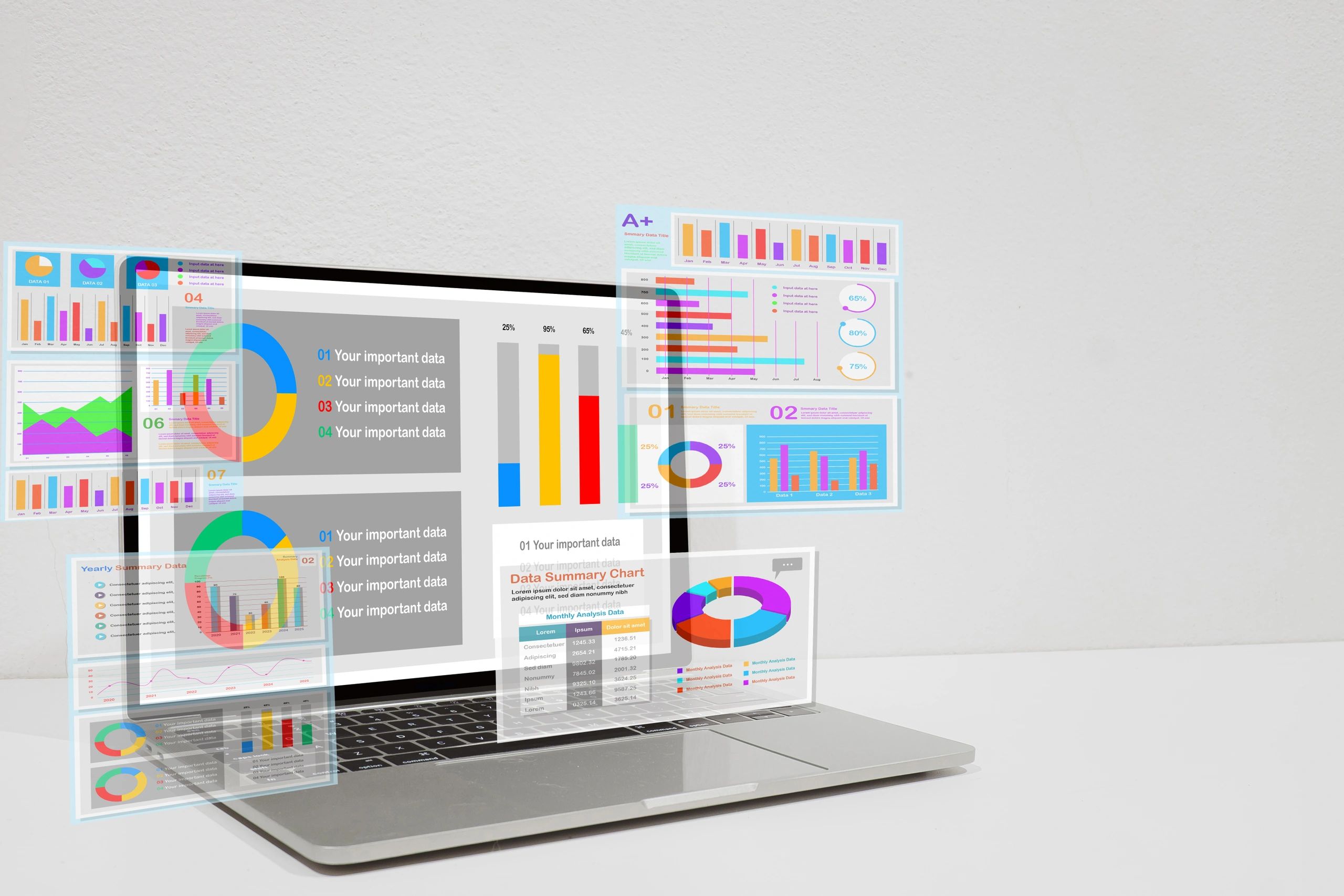 Futuristic analytics dashboard on a laptop screen
